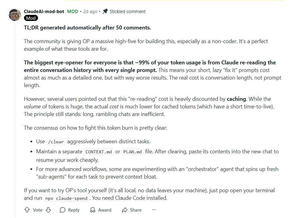 ClaudeAI mod bot stickied comment: The community is giving OP a massive high-five for building this. The biggest eye-opener is that ~99% of your token usage is from Claude re-reading the entire conversation history with every single prompt.